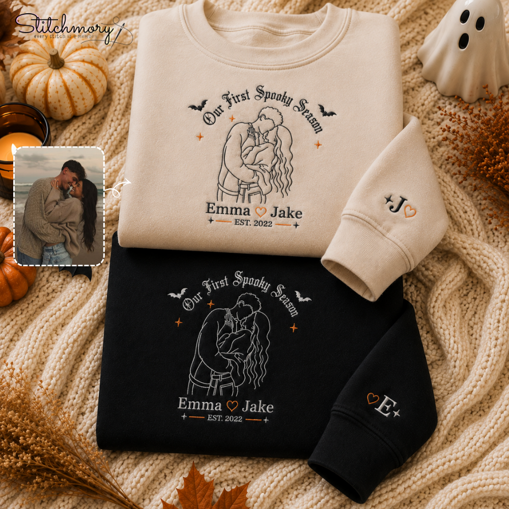 Our First Spooky Season Custom Couple Embroidered Sweatshirt, Personalized Photo Matching Sweatshirts