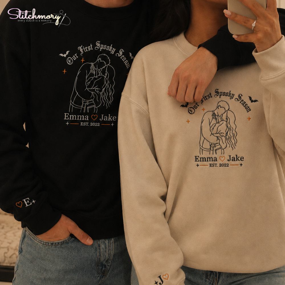 Our First Spooky Season Custom Couple Embroidered Sweatshirt, Personalized Photo Matching Sweatshirts
