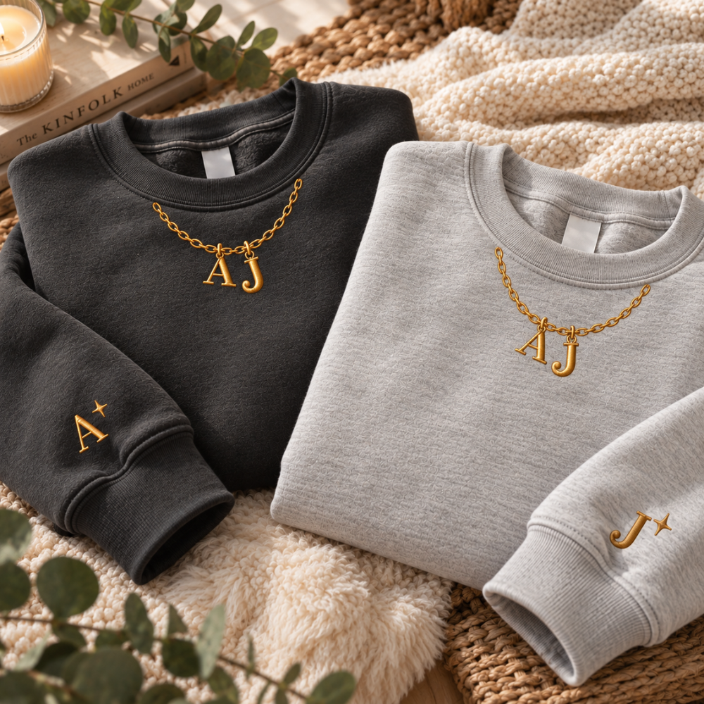 Our Initials Necklace Embroidered Sweatshirt – Personalized Matching Couple Sweatshirt