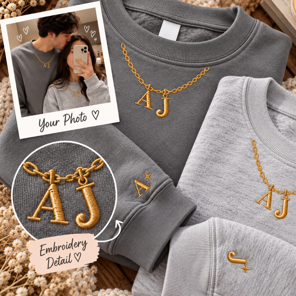 Our Initials Necklace Embroidered Sweatshirt – Personalized Matching Couple Sweatshirt