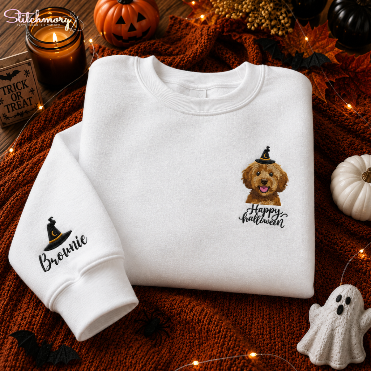 Personalized Happy Halloween Pet Portrait Embroidered Sweatshirt, Custom Dog & Cat Witch Hat Sweatshirt with Name