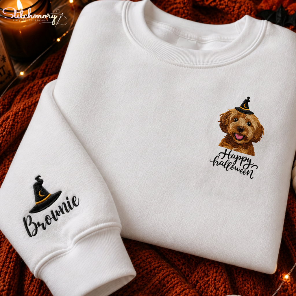Personalized Happy Halloween Pet Portrait Embroidered Sweatshirt, Custom Dog & Cat Witch Hat Sweatshirt with Name