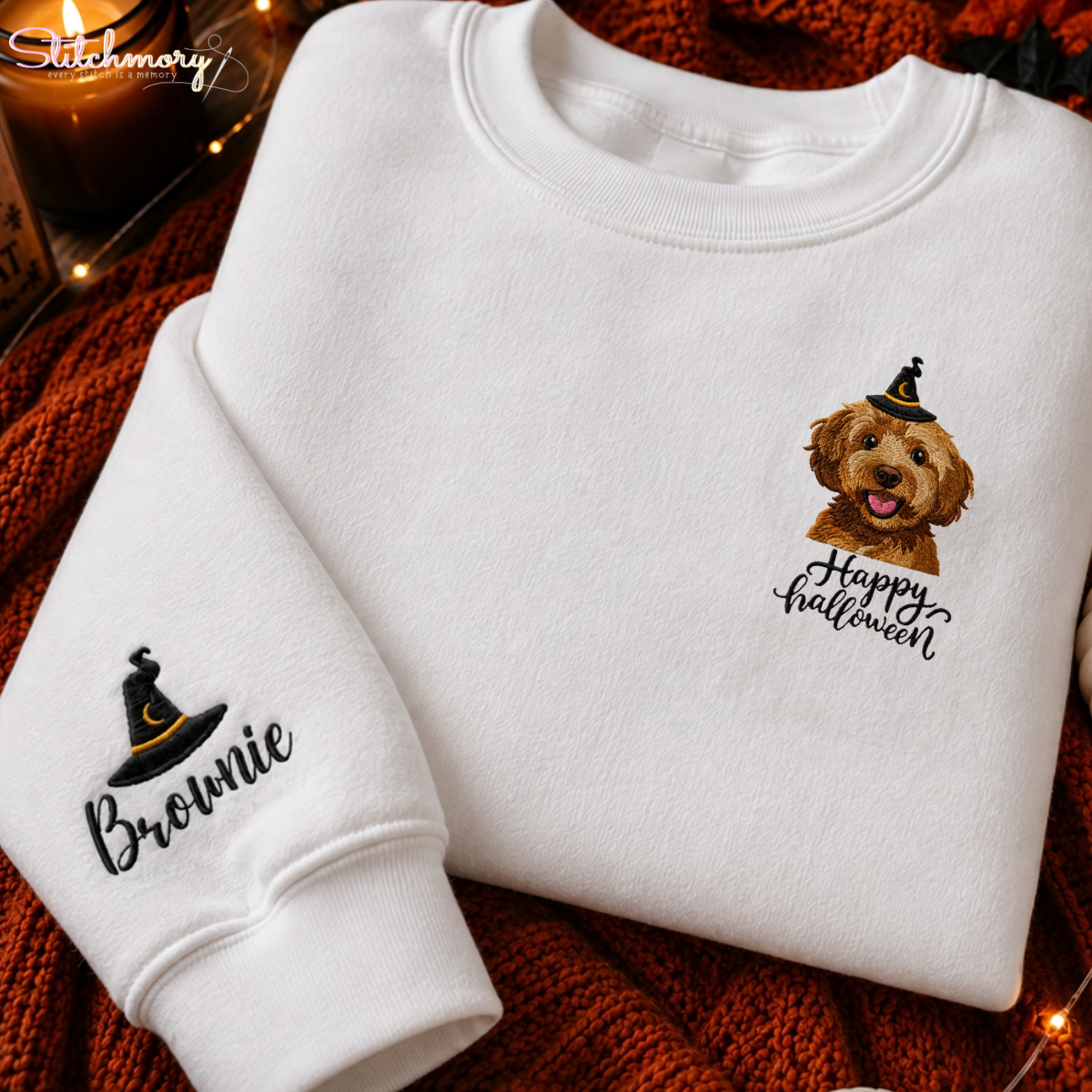 Personalized Happy Halloween Pet Portrait Embroidered Sweatshirt, Custom Dog & Cat Witch Hat Sweatshirt with Name