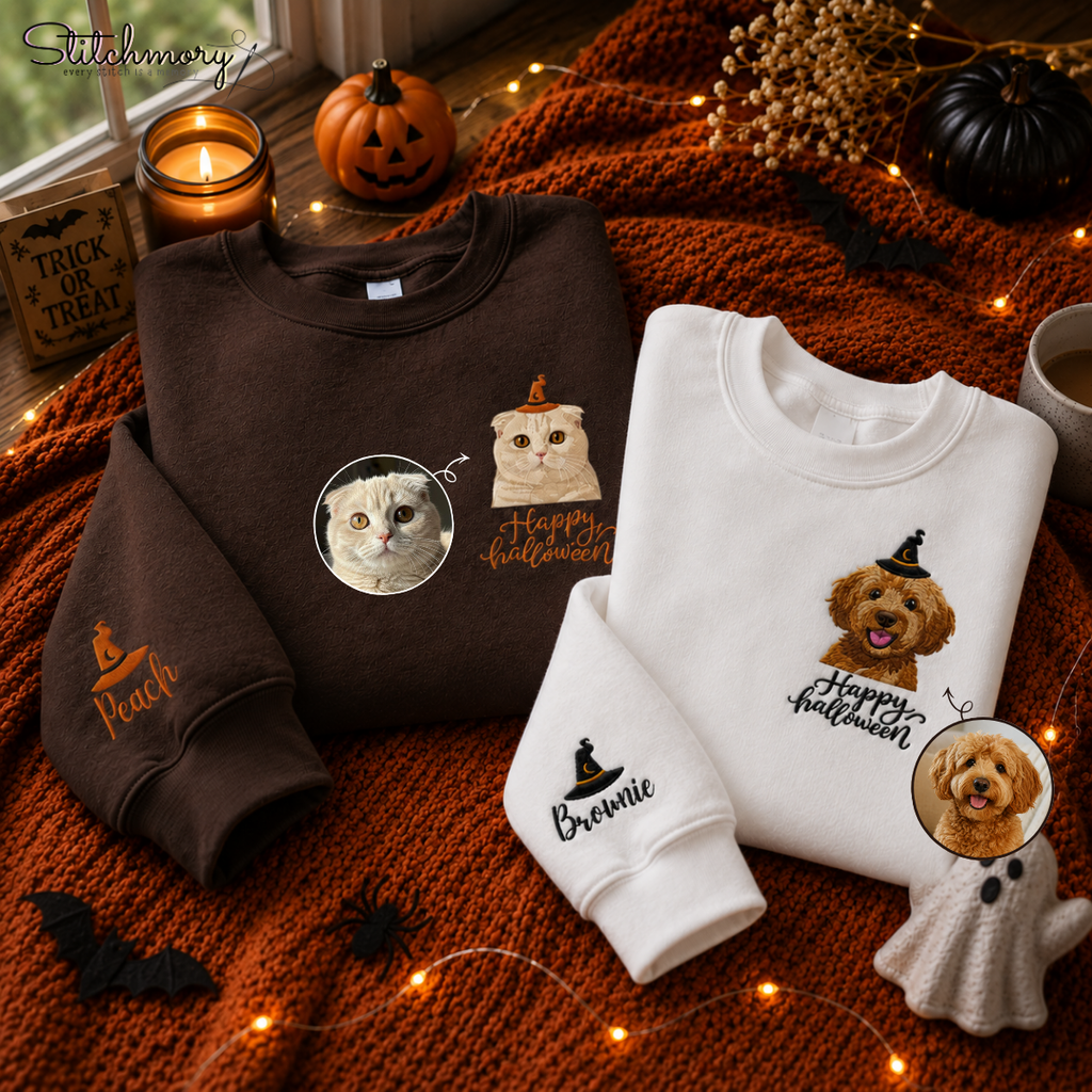 Personalized Happy Halloween Pet Portrait Embroidered Sweatshirt, Custom Dog & Cat Witch Hat Sweatshirt with Name