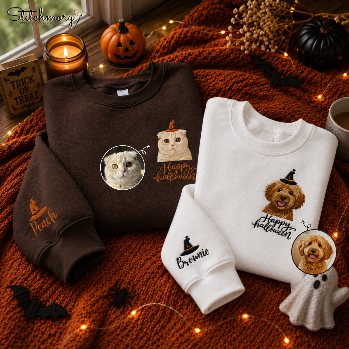 Personalized Happy Halloween Pet Portrait Embroidered Sweatshirt, Custom Dog & Cat Witch Hat Sweatshirt with Name