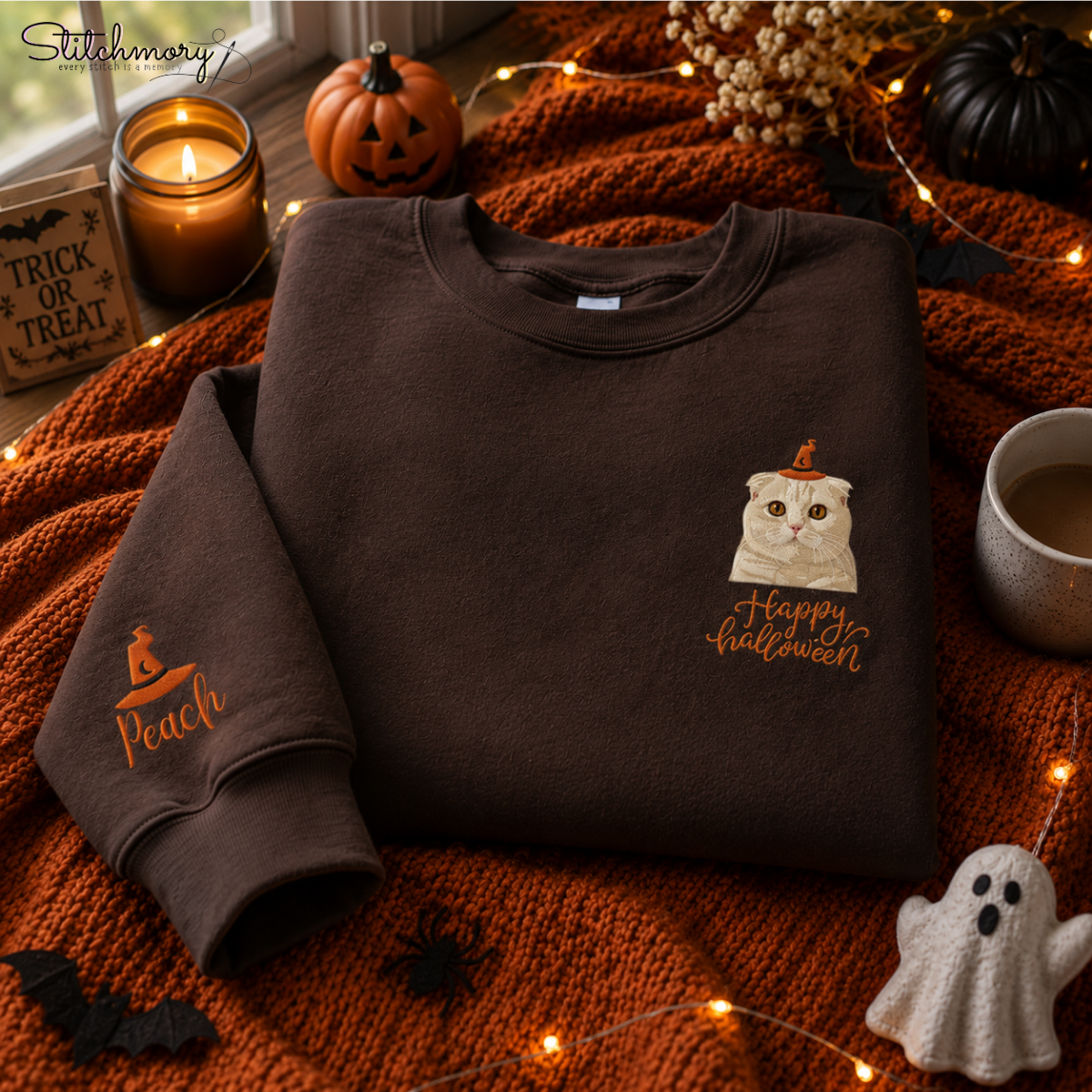 Personalized Happy Halloween Pet Portrait Embroidered Sweatshirt, Custom Dog & Cat Witch Hat Sweatshirt with Name