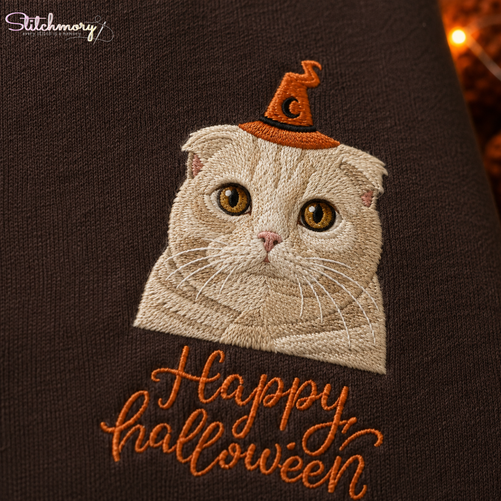 Personalized Happy Halloween Pet Portrait Embroidered Sweatshirt, Custom Dog & Cat Witch Hat Sweatshirt with Name