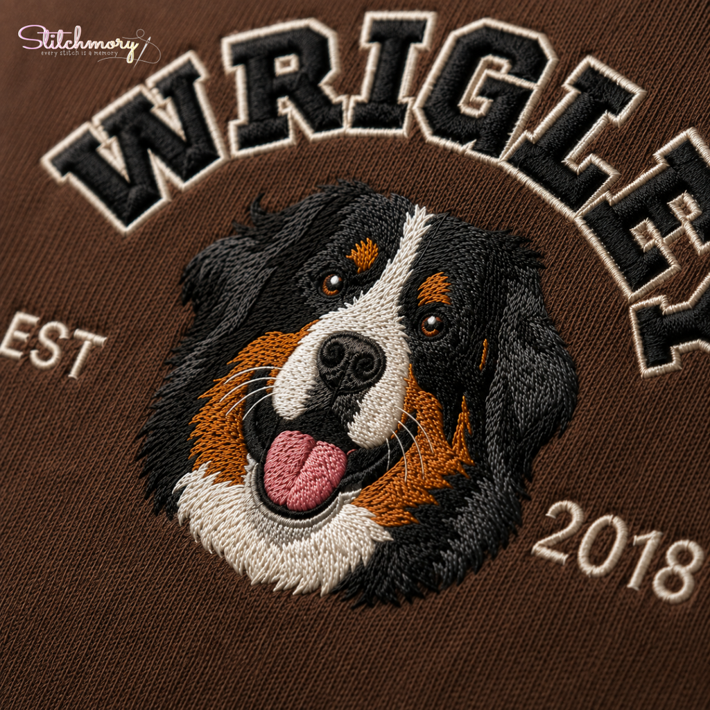 Personalized Bernese Mountain Dog Varsity Embroidered Sweatshirt with Name & EST Year, Custom Pet Portrait