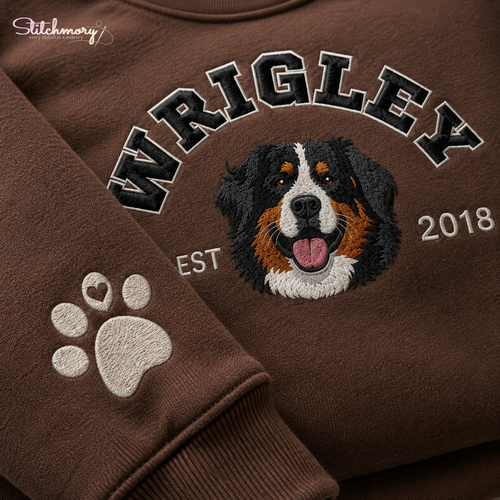 Personalized Bernese Mountain Dog Varsity Embroidered Sweatshirt with Name & EST Year, Custom Pet Portrait