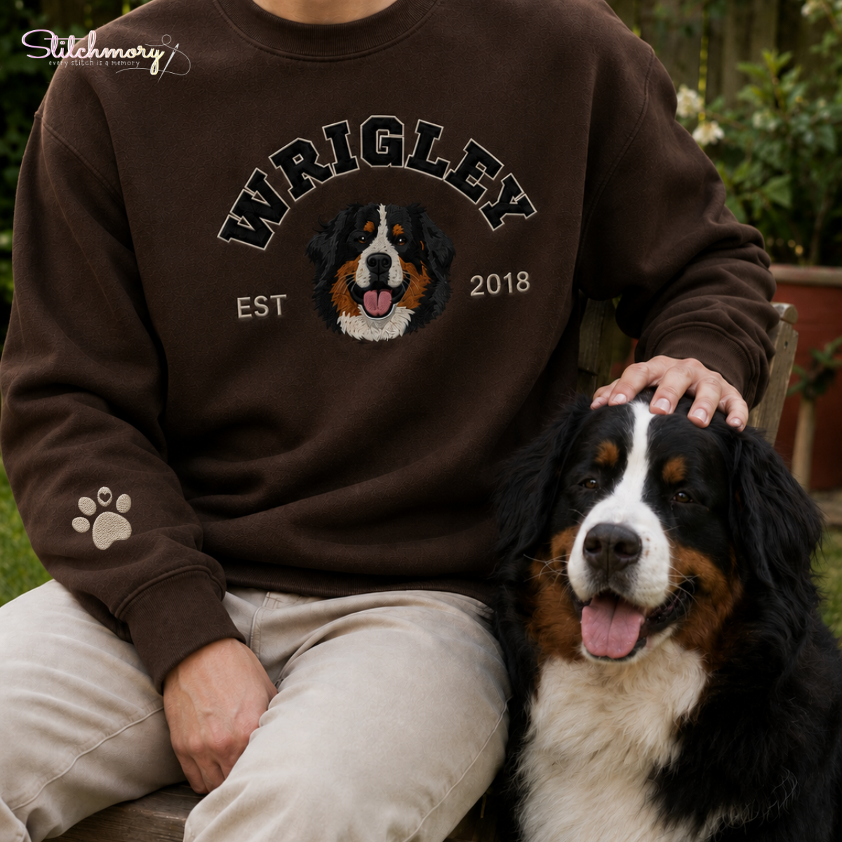 Personalized Bernese Mountain Dog Varsity Embroidered Sweatshirt with Name & EST Year, Custom Pet Portrait