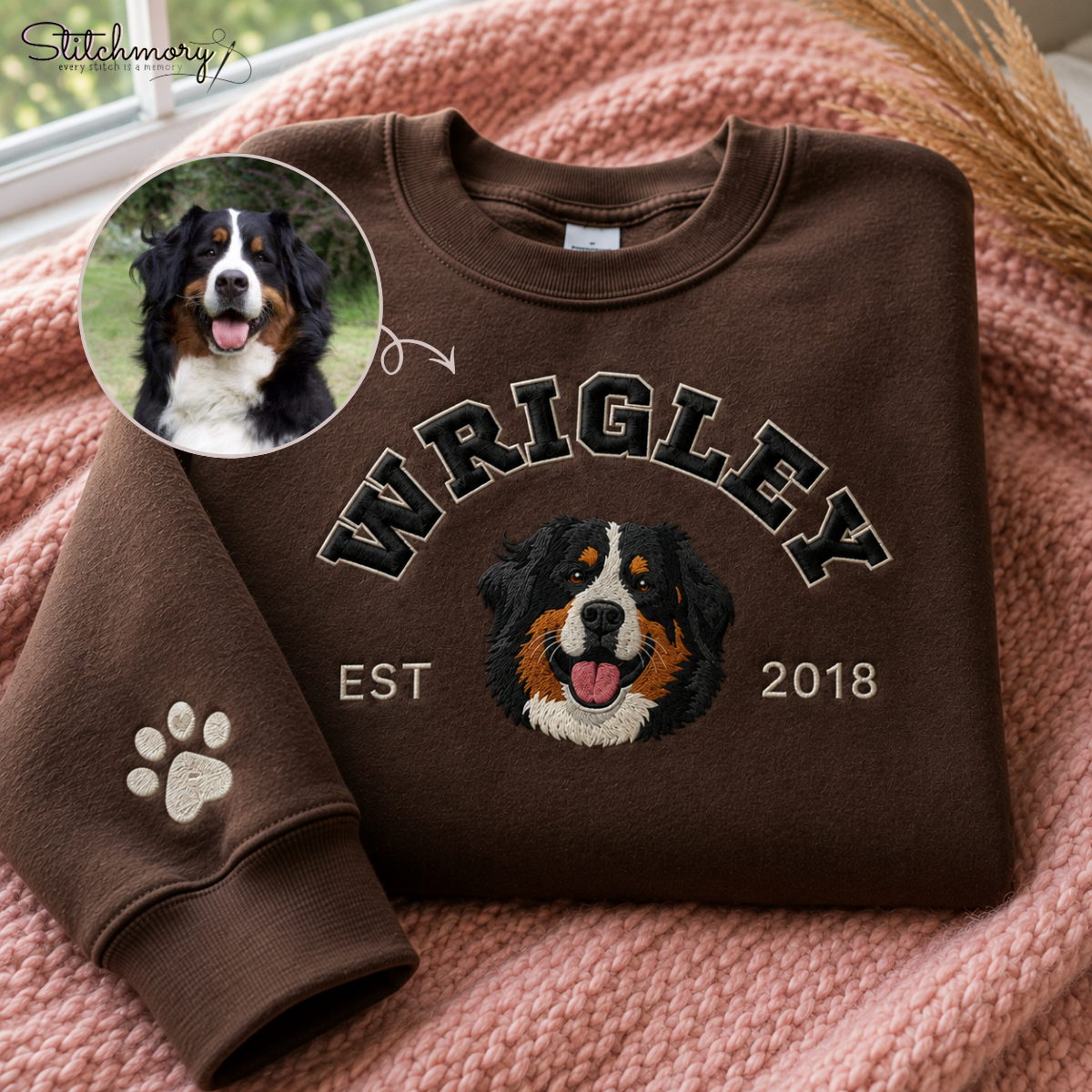 Personalized Bernese Mountain Dog Varsity Embroidered Sweatshirt with Name & EST Year, Custom Pet Portrait