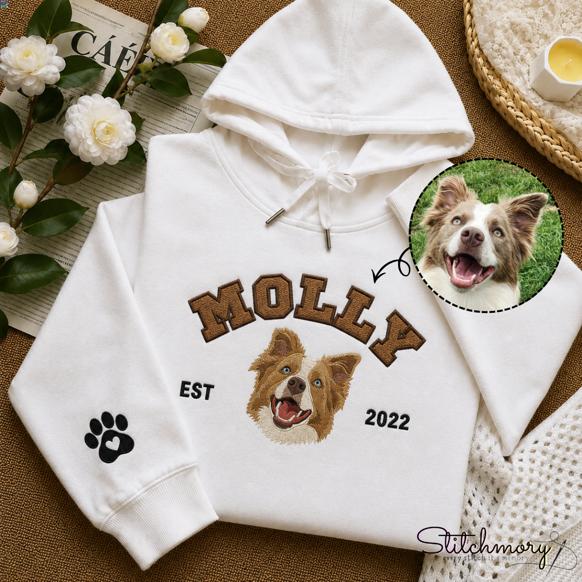 Personalized Border Collie Varsity Embroidered Hoodie with Name & EST Year, Custom Pet Portrait