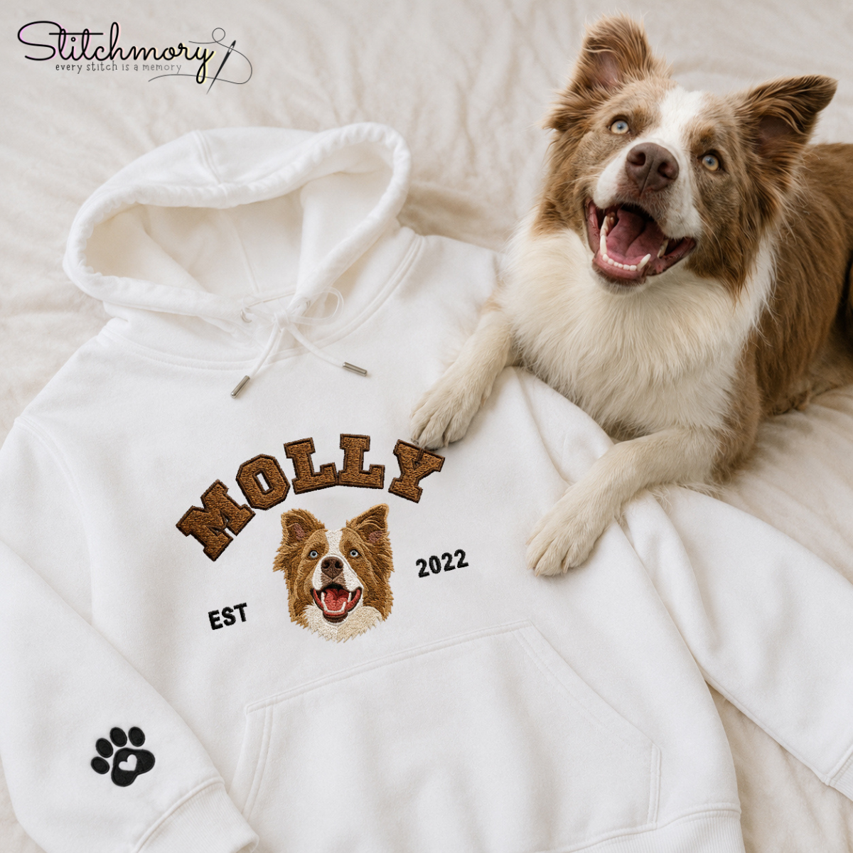 Personalized Border Collie Varsity Embroidered Hoodie with Name & EST Year, Custom Pet Portrait