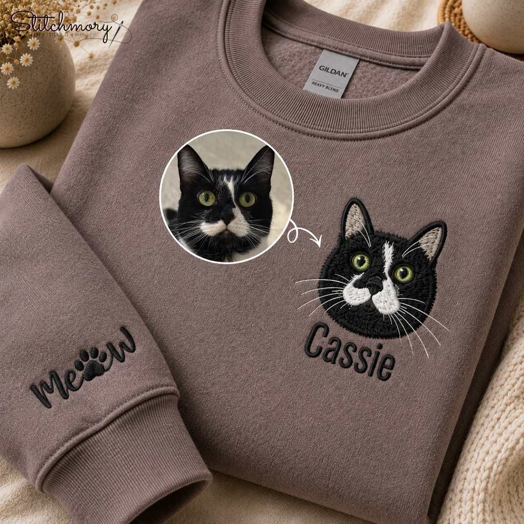 Personalized Cat Portrait Embroidered Sweatshirt with Name & Custom Sleeve Embroidery