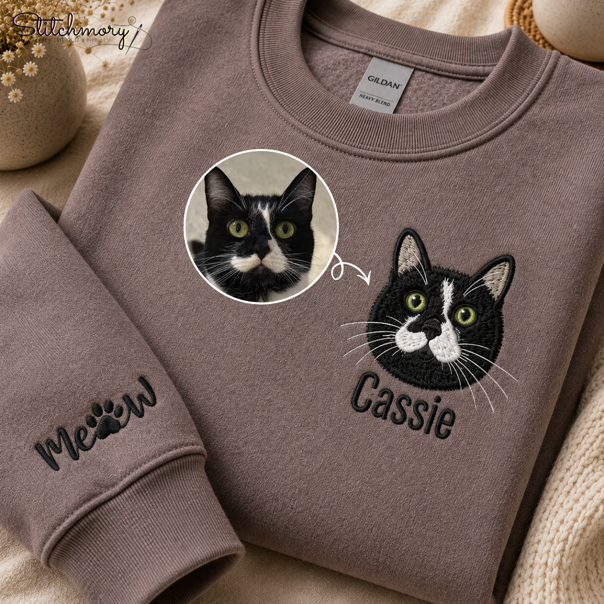 Personalized Cat Portrait Embroidered Sweatshirt with Name & Custom Sleeve Embroidery