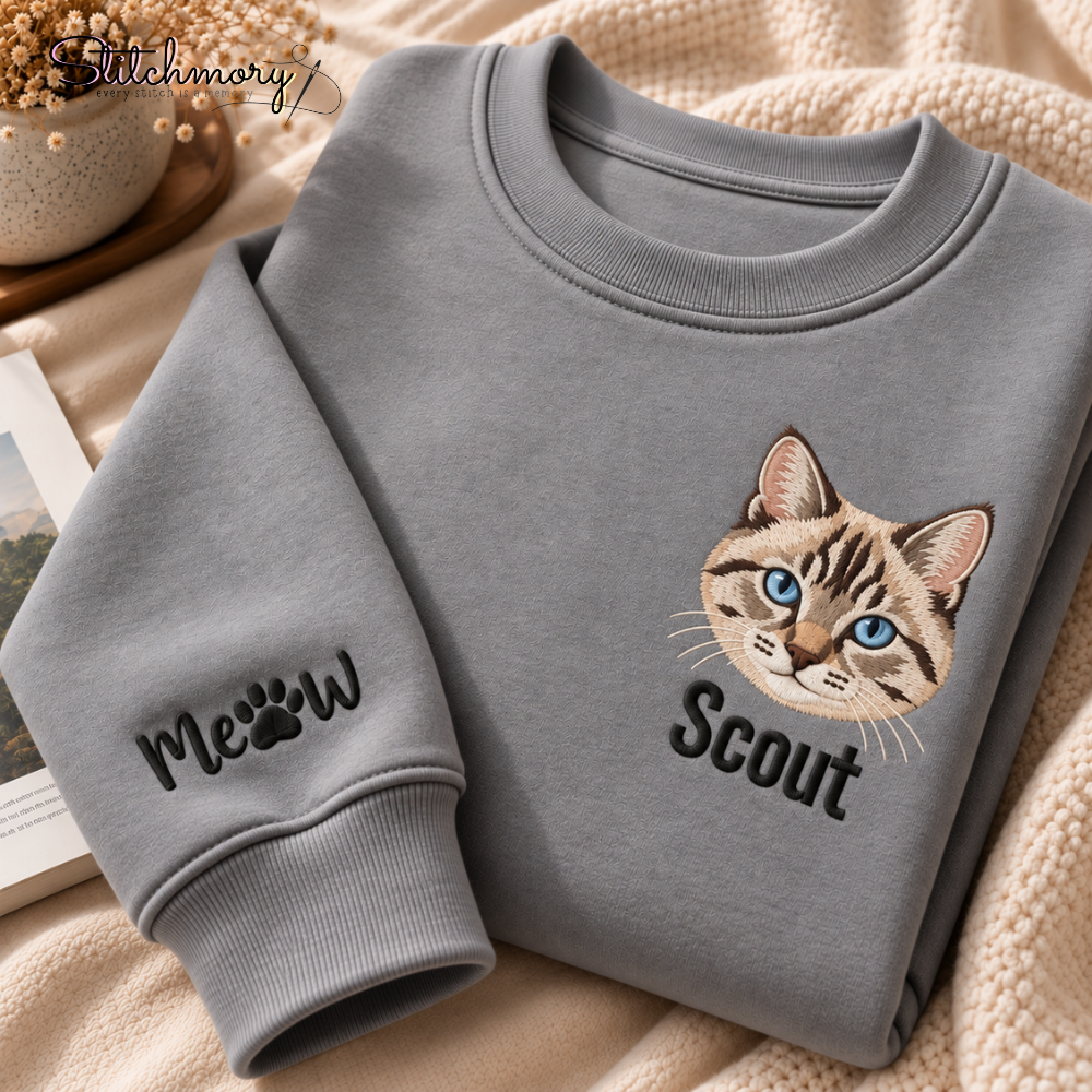 Personalized Cat Portrait Embroidered Sweatshirt with Name & Custom Sleeve Embroidery