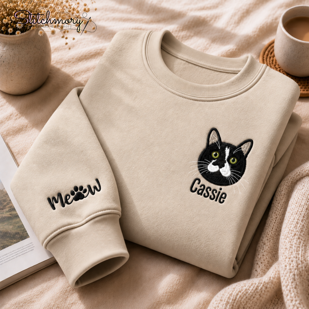 Personalized Cat Portrait Embroidered Sweatshirt with Name & Custom Sleeve Embroidery