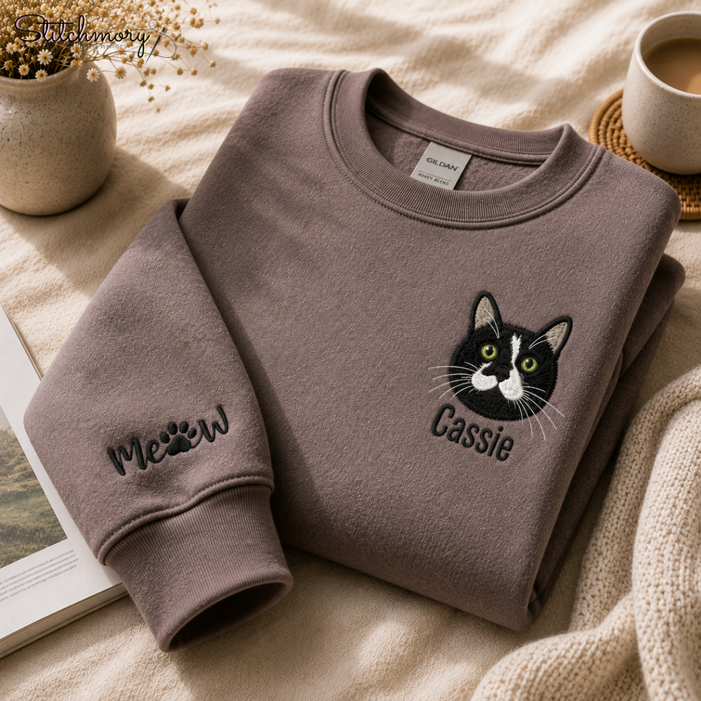 Personalized Cat Portrait Embroidered Sweatshirt with Name & Custom Sleeve Embroidery