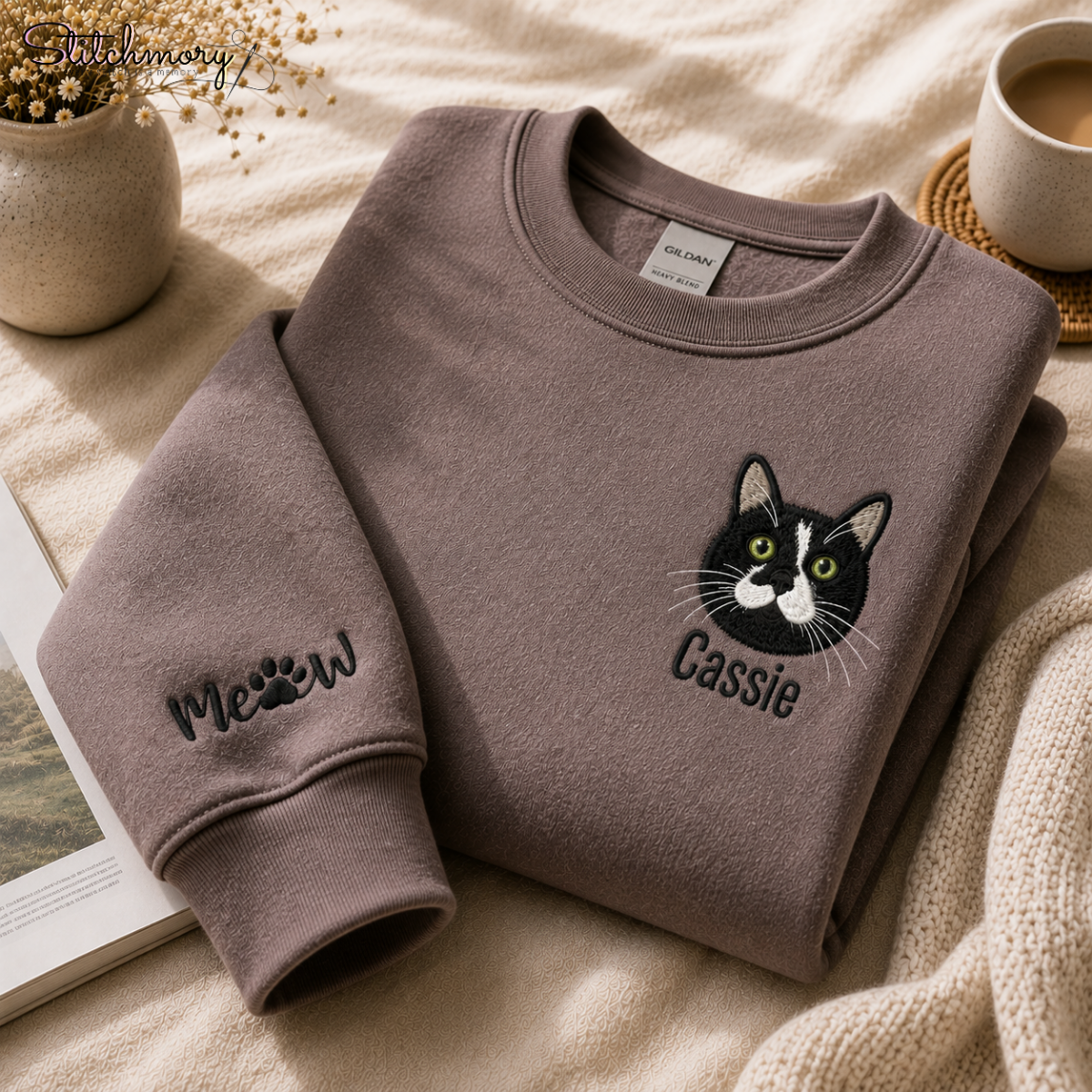 Personalized Cat Portrait Embroidered Sweatshirt with Name & Custom Sleeve Embroidery