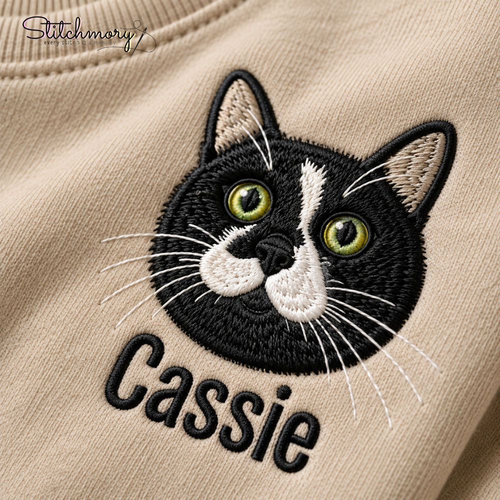 Personalized Cat Portrait Embroidered Sweatshirt with Name & Custom Sleeve Embroidery