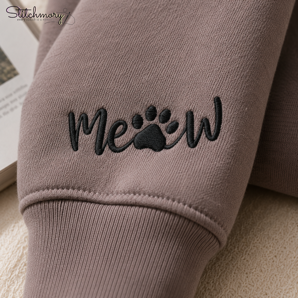 Personalized Cat Portrait Embroidered Sweatshirt with Name & Custom Sleeve Embroidery
