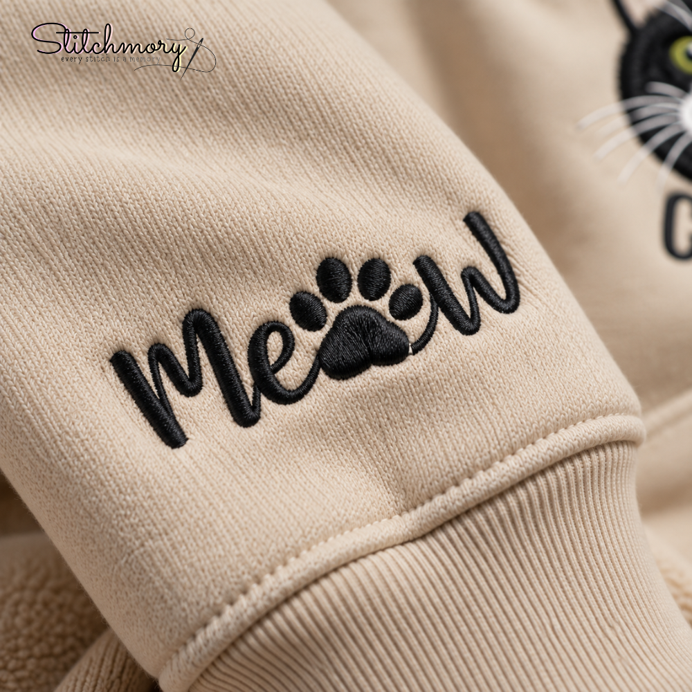 Personalized Cat Portrait Embroidered Sweatshirt with Name & Custom Sleeve Embroidery