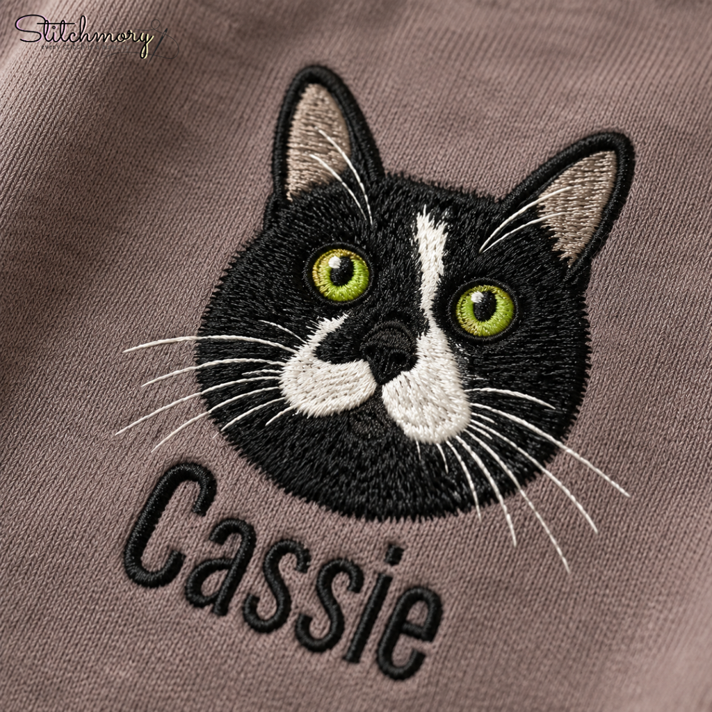 Personalized Cat Portrait Embroidered Sweatshirt with Name & Custom Sleeve Embroidery