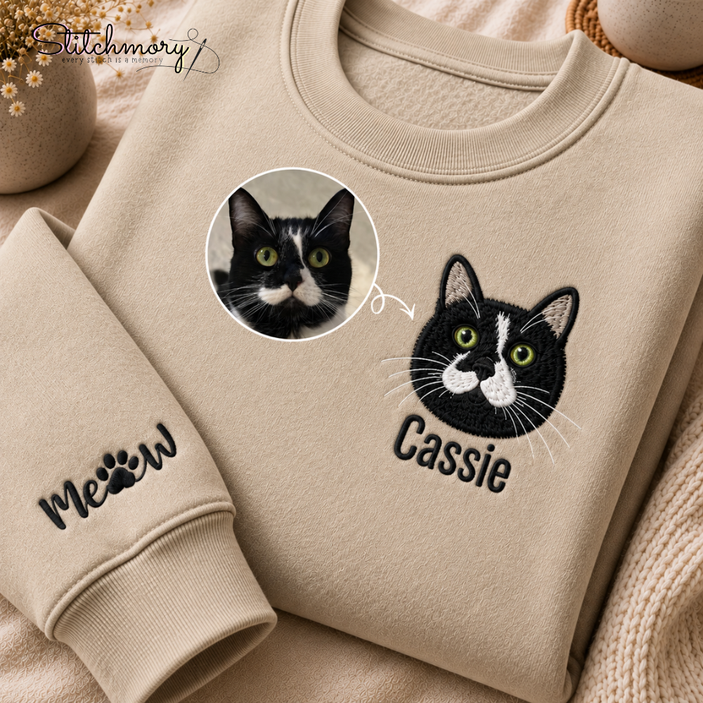 Personalized Cat Portrait Embroidered Sweatshirt with Name & Custom Sleeve Embroidery