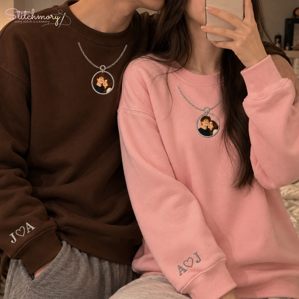 Personalized Couple Photo Necklace Embroidered Sweatshirt – Custom Matching Couple Sweaters