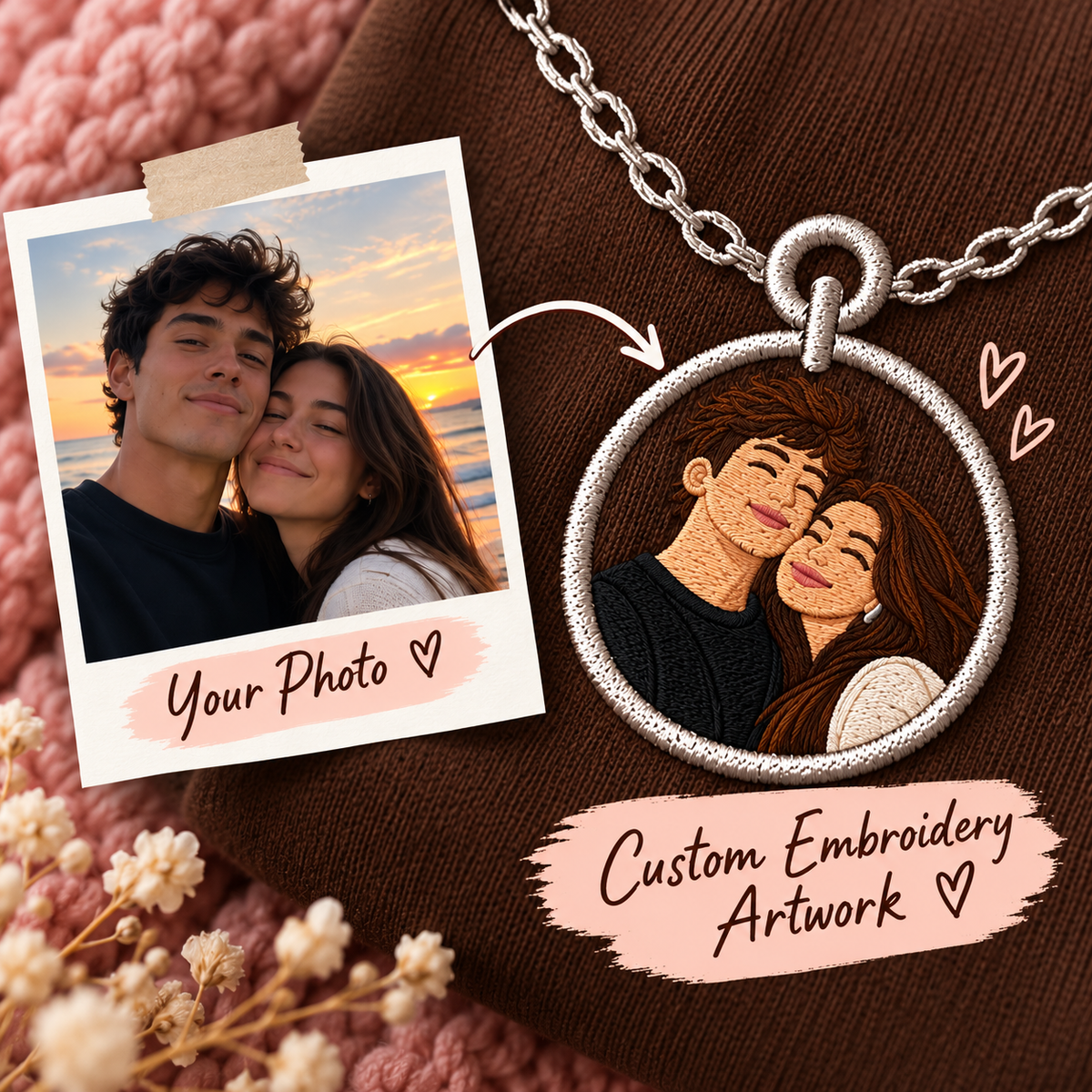 Personalized Couple Photo Necklace Embroidered Sweatshirt – Custom Matching Couple Sweaters