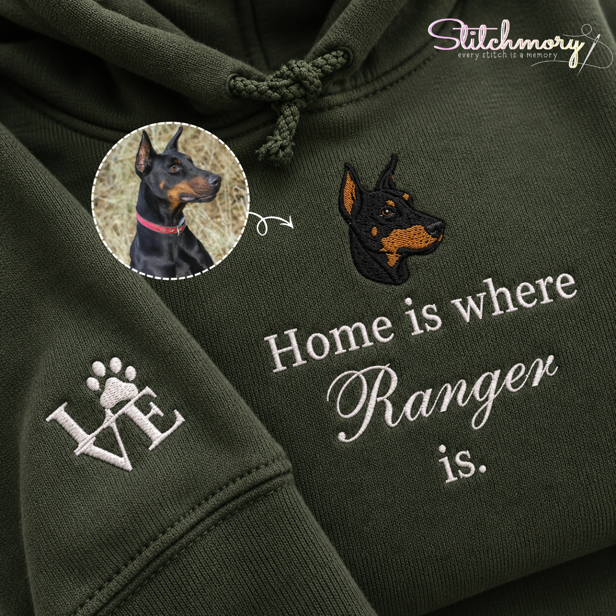 Personalized Dobermann Embroidered Hoodie – Home Is Where My Dog Is Custom Pet Portrait Hoodie