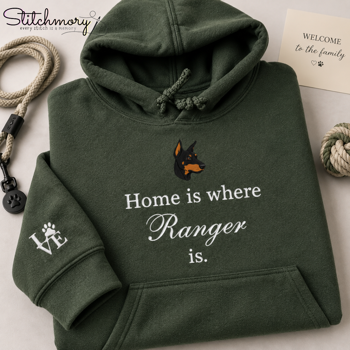 Personalized Dobermann Embroidered Hoodie – Home Is Where My Dog Is Custom Pet Portrait Hoodie