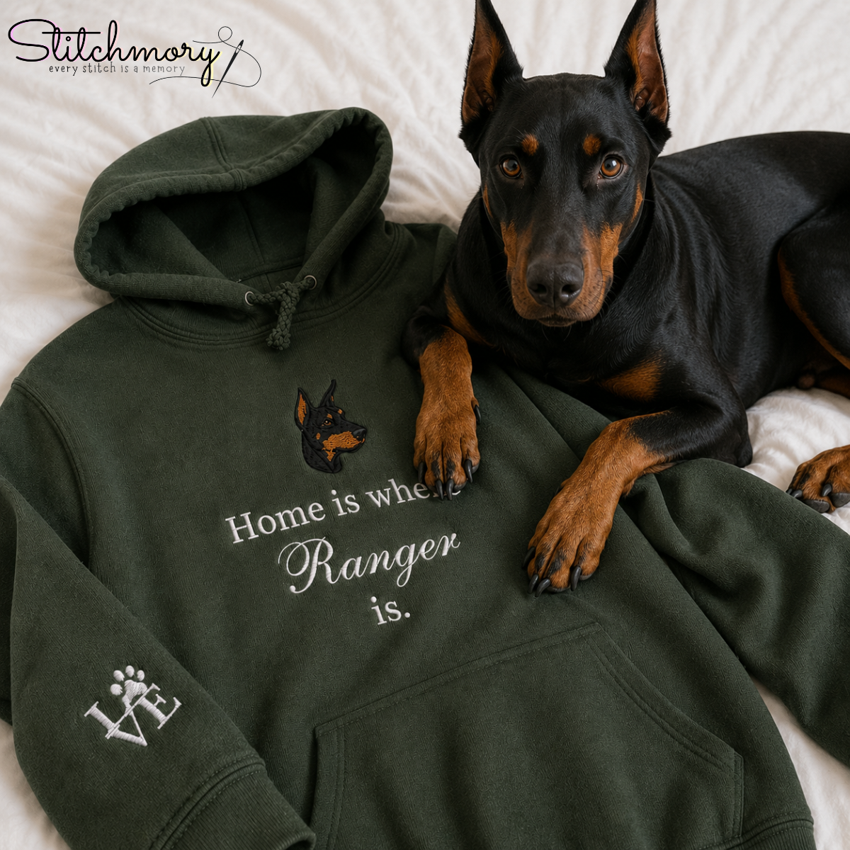 Personalized Dobermann Embroidered Hoodie – Home Is Where My Dog Is Custom Pet Portrait Hoodie