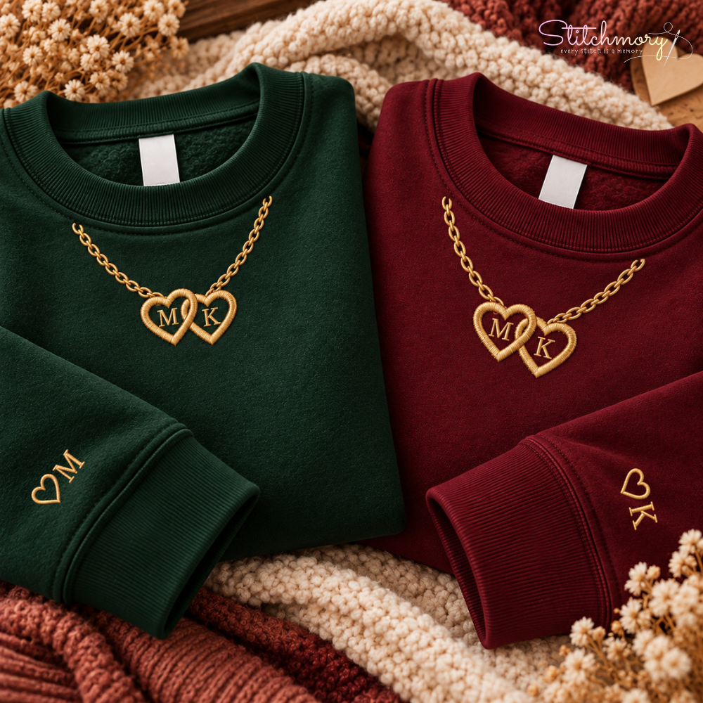Personalized Double Heart Initial Necklace Embroidered Sweatshirt, Matching Embroidered Sweatshirt For Couples