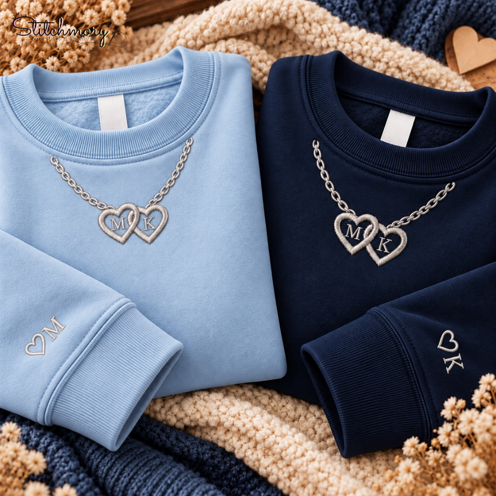 Personalized Double Heart Initial Necklace Embroidered Sweatshirt, Matching Embroidered Sweatshirt For Couples