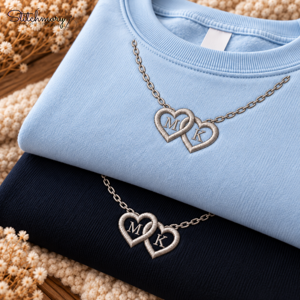 Personalized Double Heart Initial Necklace Embroidered Sweatshirt, Matching Embroidered Sweatshirt For Couples