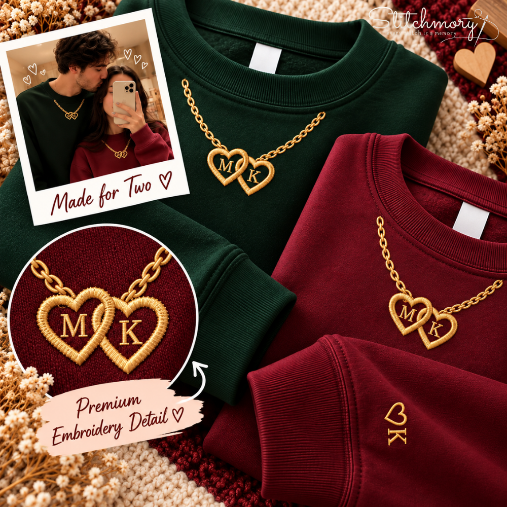 Personalized Double Heart Initial Necklace Embroidered Sweatshirt, Matching Embroidered Sweatshirt For Couples