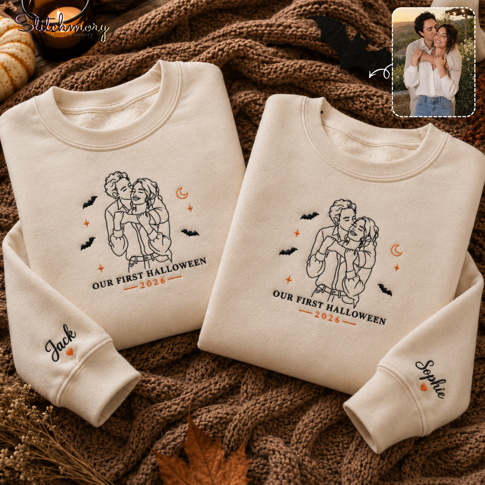 Personalized First Halloween Couple Embroidered Sweatshirt, Custom Photo Portrait Matching Sweatshirts