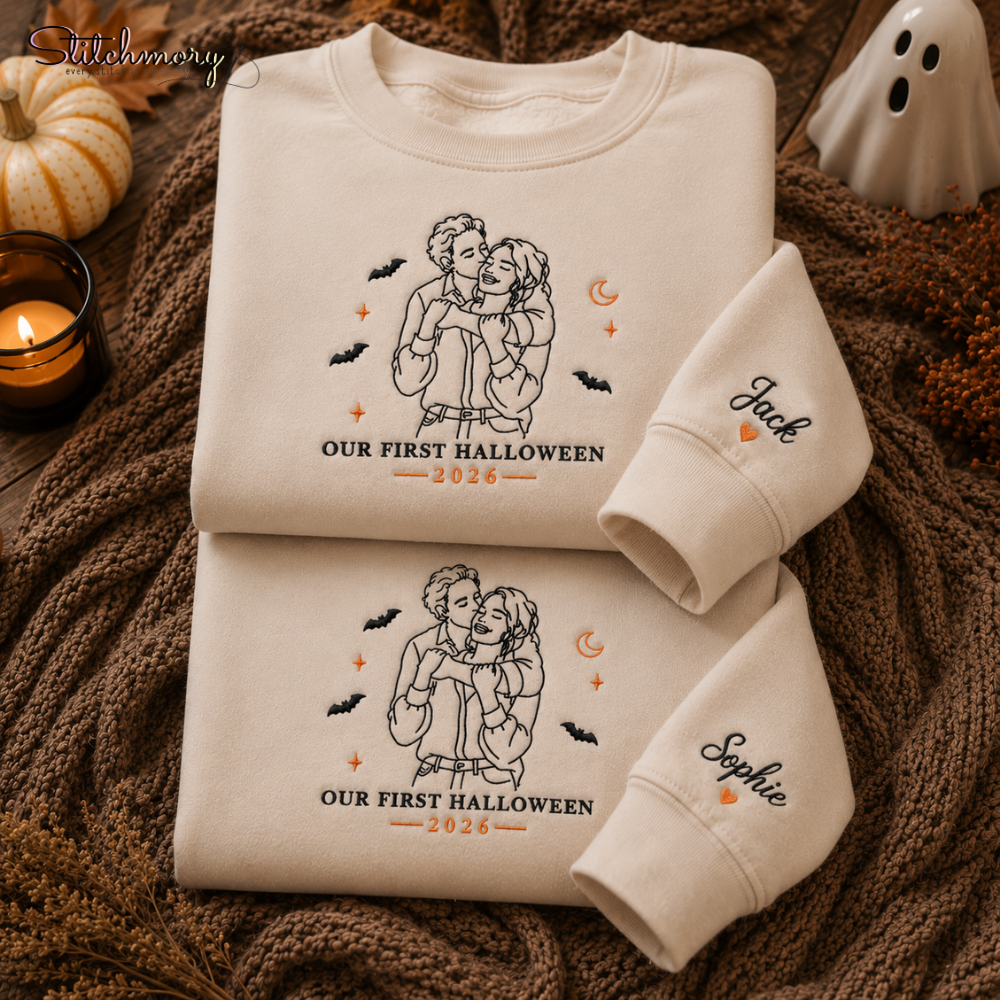 Personalized First Halloween Couple Embroidered Sweatshirt, Custom Photo Portrait Matching Sweatshirts