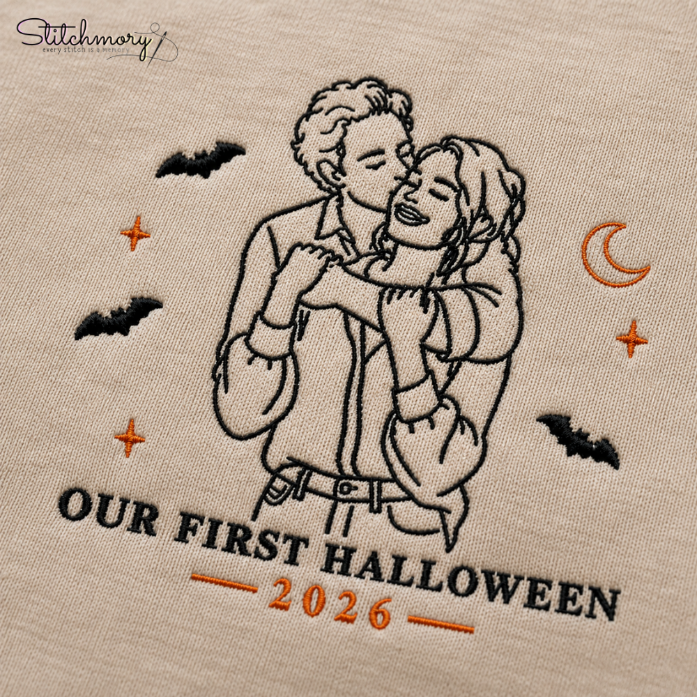 Personalized First Halloween Couple Embroidered Sweatshirt, Custom Photo Portrait Matching Sweatshirts
