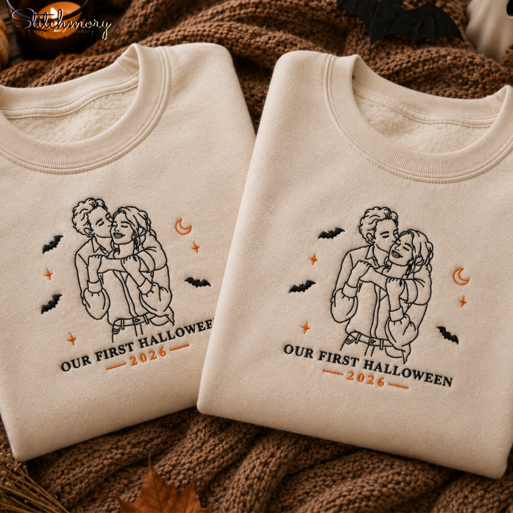 Personalized First Halloween Couple Embroidered Sweatshirt, Custom Photo Portrait Matching Sweatshirts