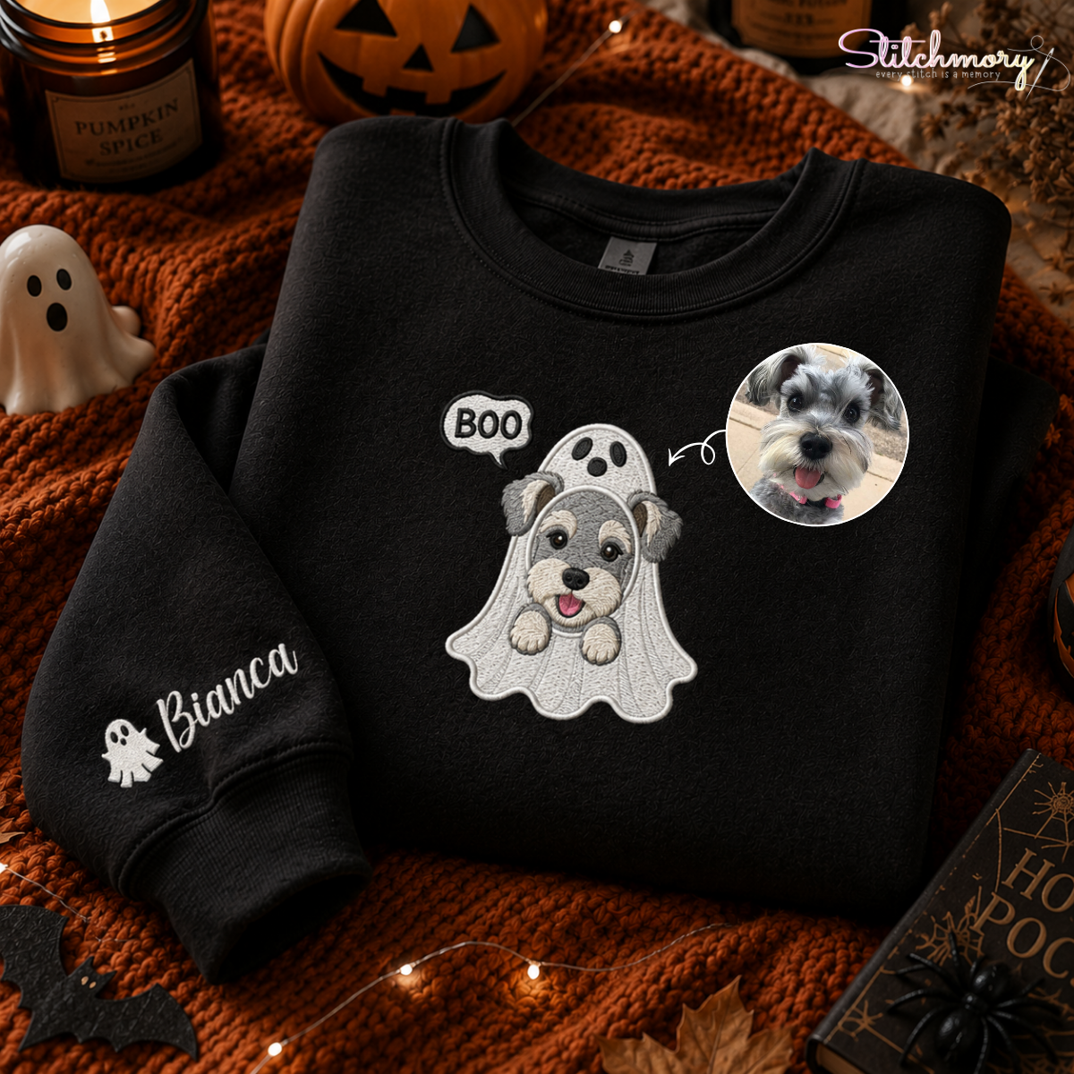 Personalized Halloween BOO Ghost Pet Embroidered Sweatshirt, Custom Pet Portrait with Name