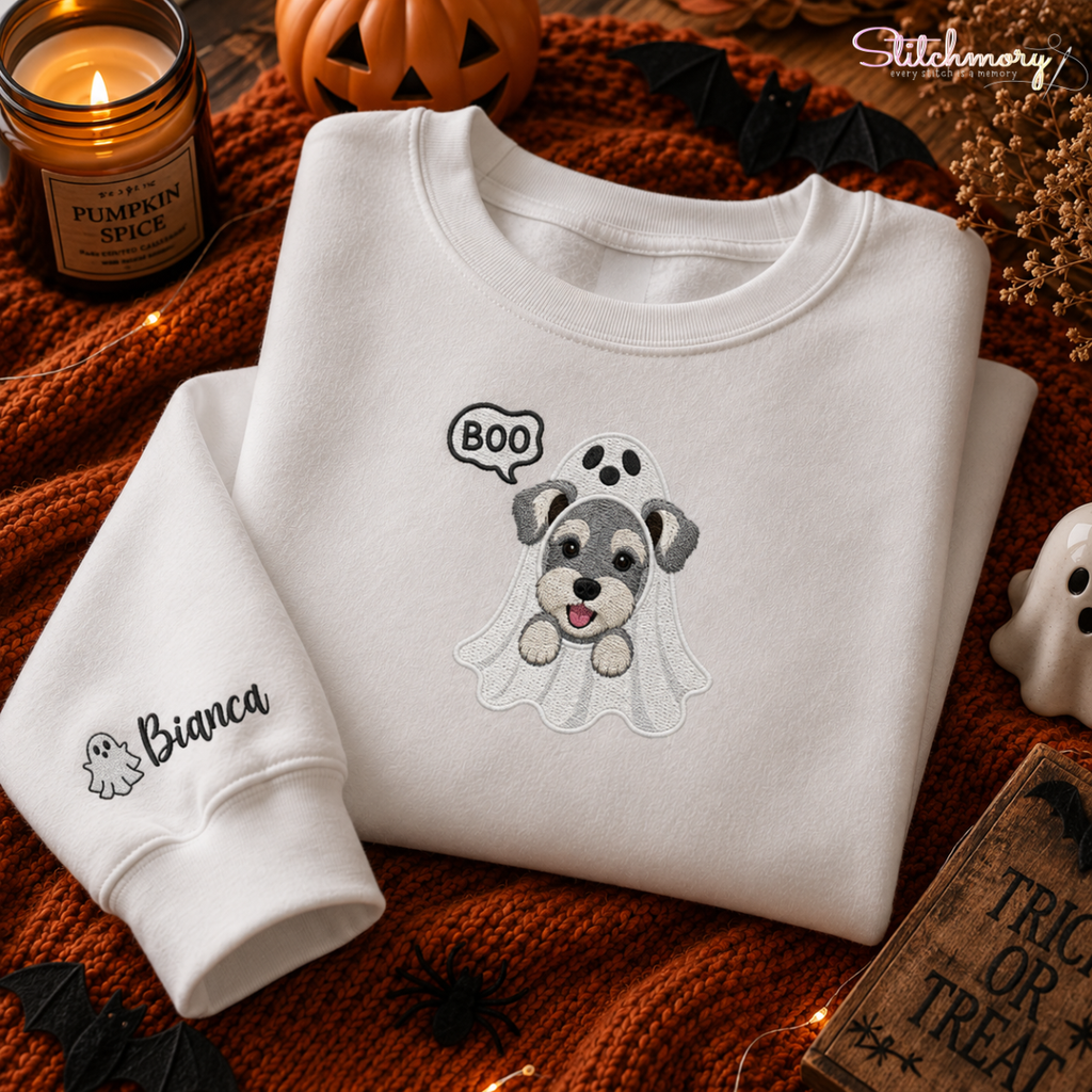 Personalized Halloween BOO Ghost Pet Embroidered Sweatshirt, Custom Pet Portrait with Name