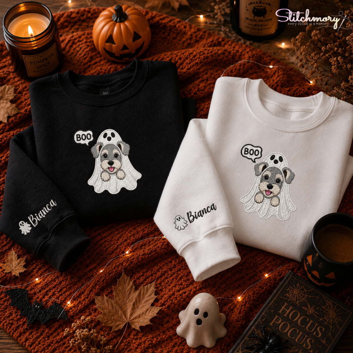 Personalized Halloween BOO Ghost Pet Embroidered Sweatshirt, Custom Pet Portrait with Name