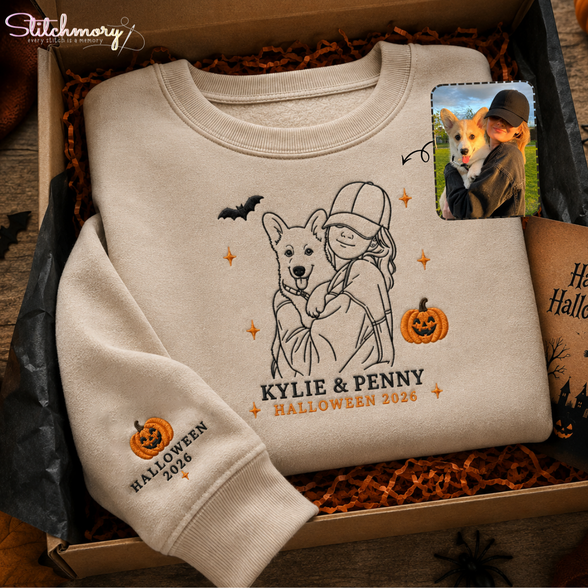 Personalized Halloween You and Your Pet Photo Embroidered Sweatshirt, Custom Pet Portrait Crewneck