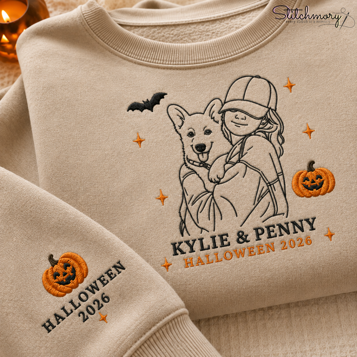 Personalized Halloween You and Your Pet Photo Embroidered Sweatshirt, Custom Pet Portrait Crewneck