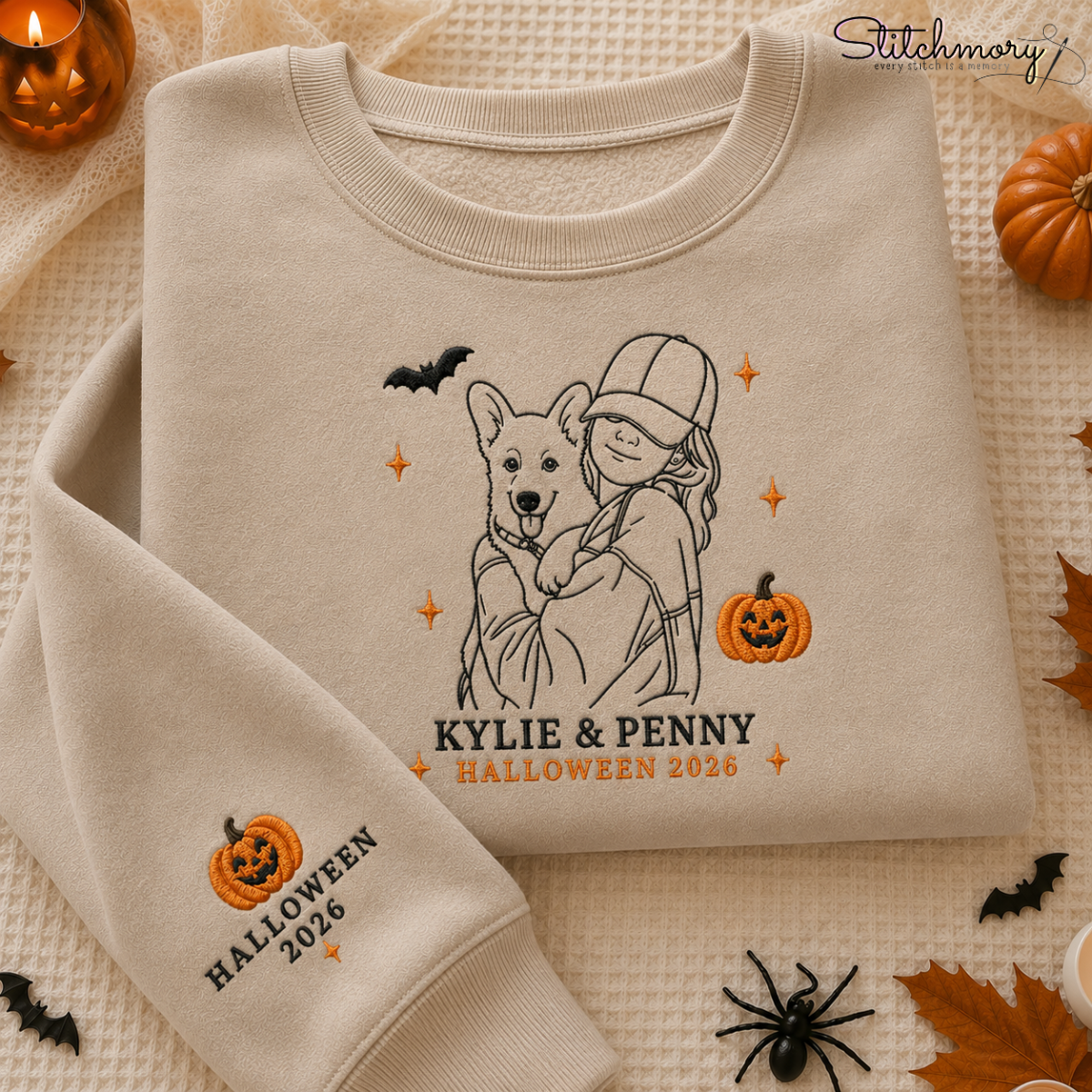 Personalized Halloween You and Your Pet Photo Embroidered Sweatshirt, Custom Pet Portrait Crewneck