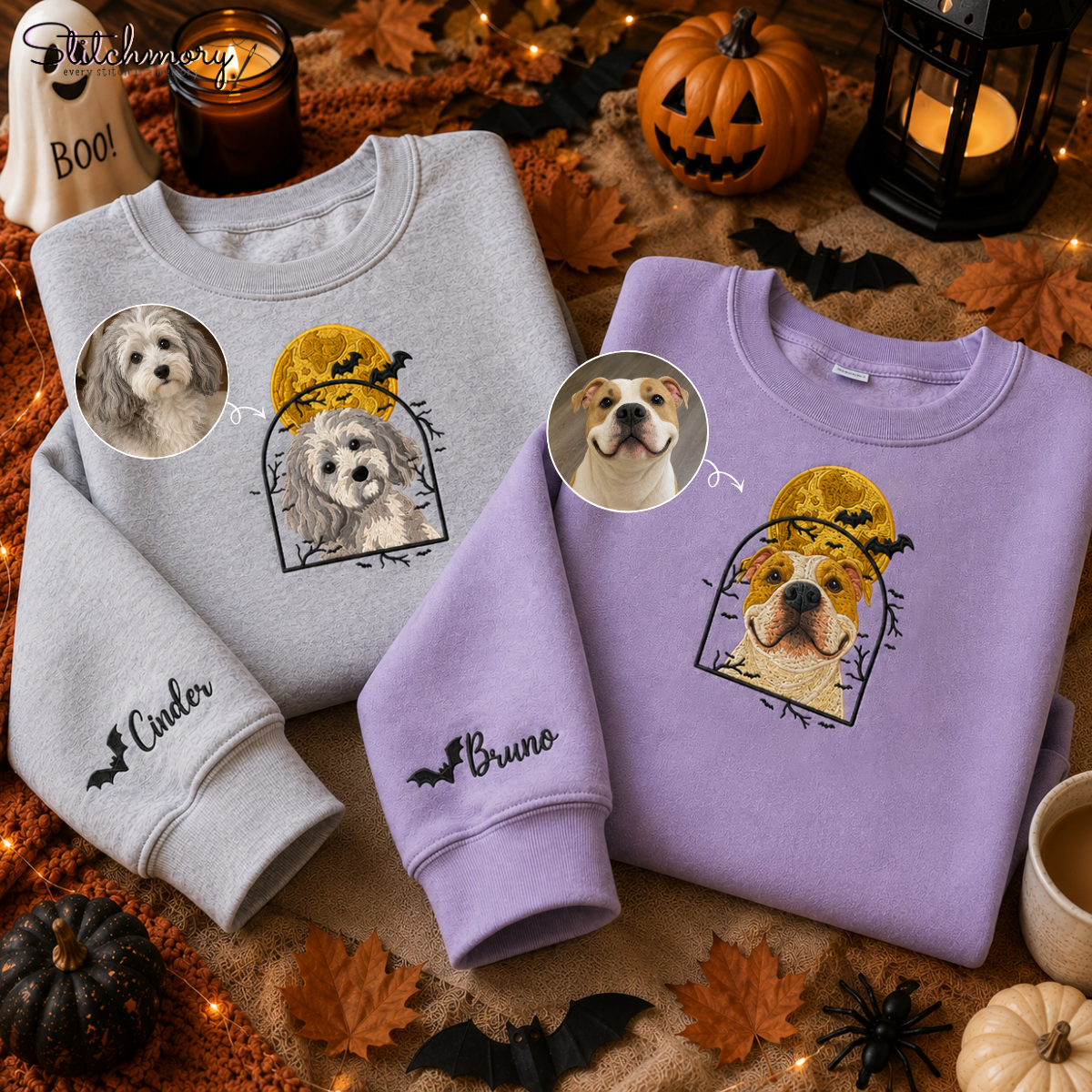 Personalized Halloween Pet Portrait Embroidered Sweatshirt, Custom Moon & Bat Embroidery with Pet Name