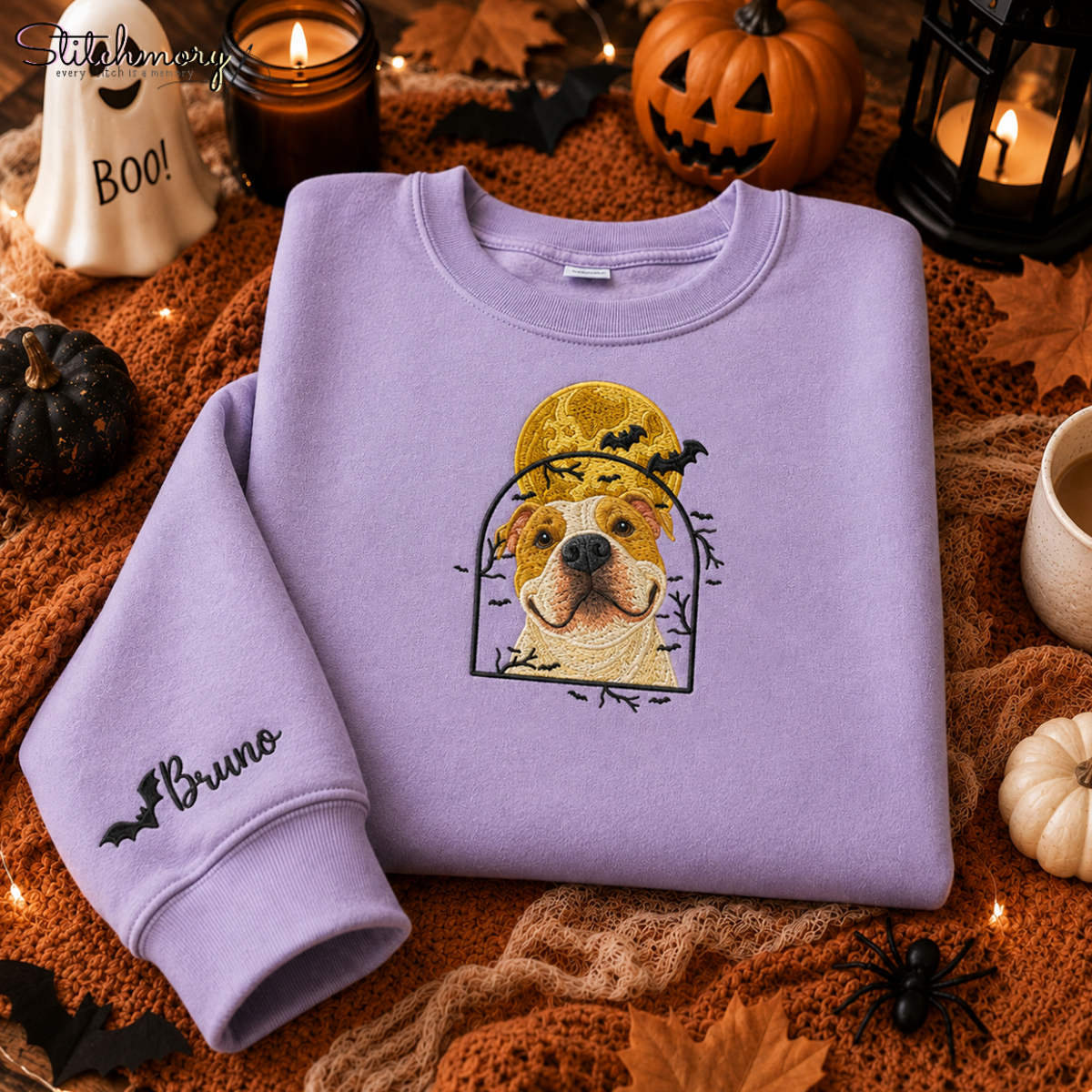 Personalized Halloween Pet Portrait Embroidered Sweatshirt, Custom Moon & Bat Embroidery with Pet Name