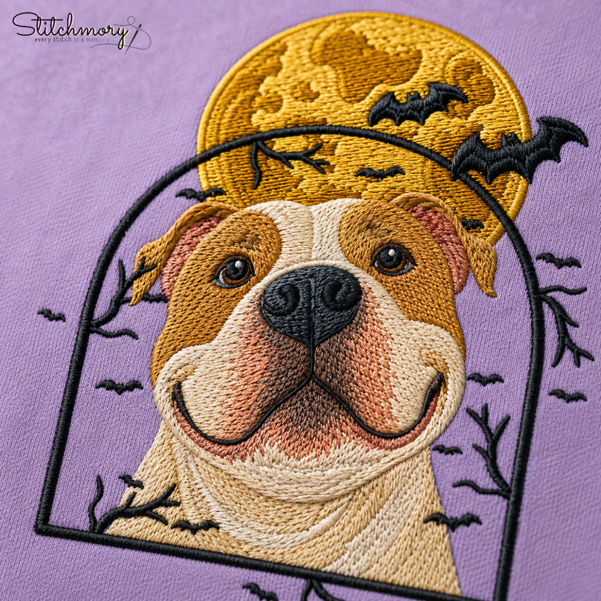 Personalized Halloween Pet Portrait Embroidered Sweatshirt, Custom Moon & Bat Embroidery with Pet Name